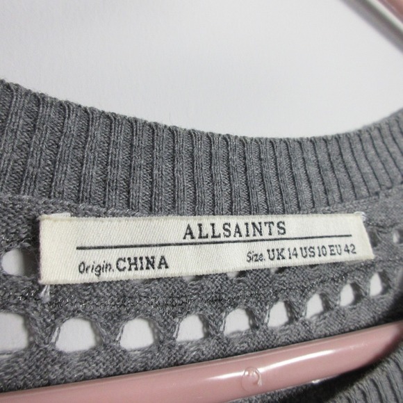 AllSaints Knit Midi Dress 10 Gray Open Weave Cotton Viscose Summer Party 142 - Picture 3 of 12